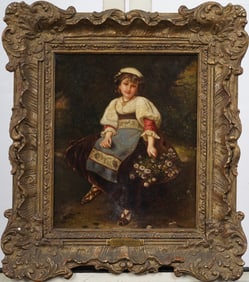 Signed European "Flower Girl" Portrait Framed Antique Original Oil Painting