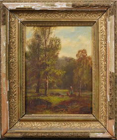 Signed 19th Century American Hudson River School Forest Interior with Figures Framed Oil Painting