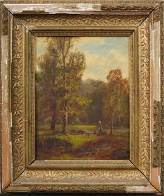Signed 19th Century American Hudson River School Forest Interior with Figures Framed Oil Painting (1 of 6)