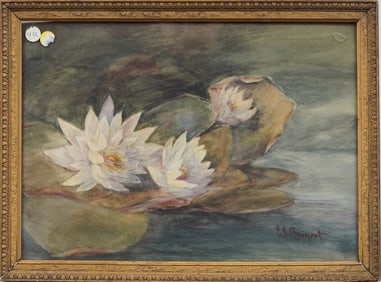 Antique Signed French Impressionist Water Lilly Lake View Framed Painting