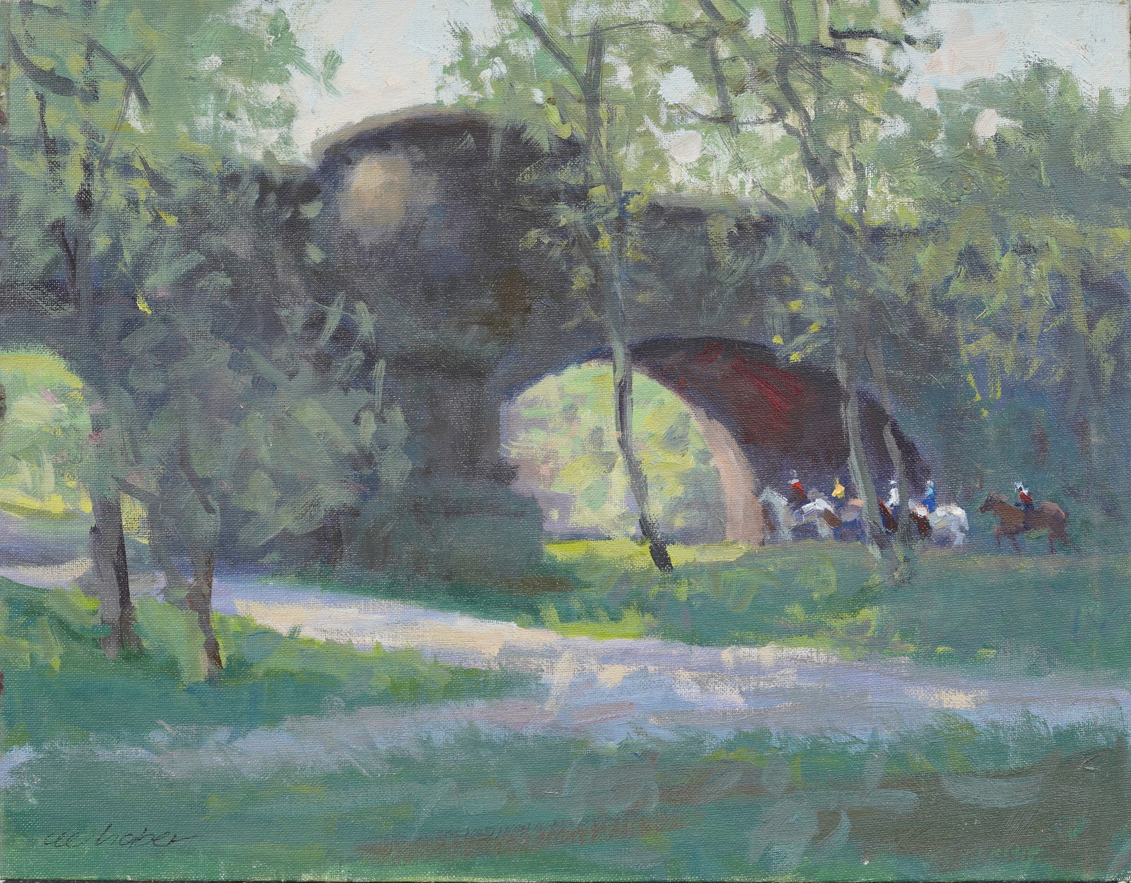 Vintage Impressionist Bridle Path Central Park Horseback Riding American Original Oil Painting: Vintage American impressionist oil painting. Oil on canvas board. Signed. Measuring 14 by 18 inches. Please see all images for condition. Size is measured and written on the back of the painting. The