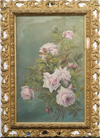 19th Century Antique American School Flower Still Life Framed Monogrammed Original Oil Painting