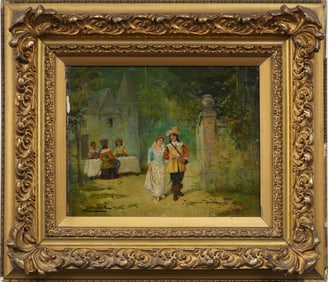 19th Century Spanish Impressionist Summer Picnic Framed Oil Painting Signed "Sanchez"