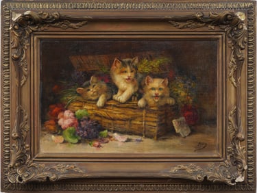 Antique American or European Impressionist "Basket of Kittens" Framed  Original Oil Painting
