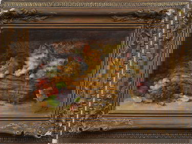 Antique American or European Impressionist "Basket of Kittens" Framed Original Oil Painting (1 of 7)