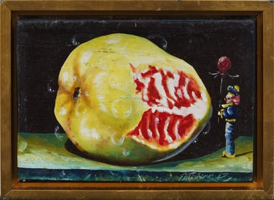 Surreal Scary Sadistic Clown Carving Up Fruit Signed Macabre Framed Oil Painting