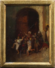 Antique European Impressionist Bustling Street Scene Framed Oil Painting