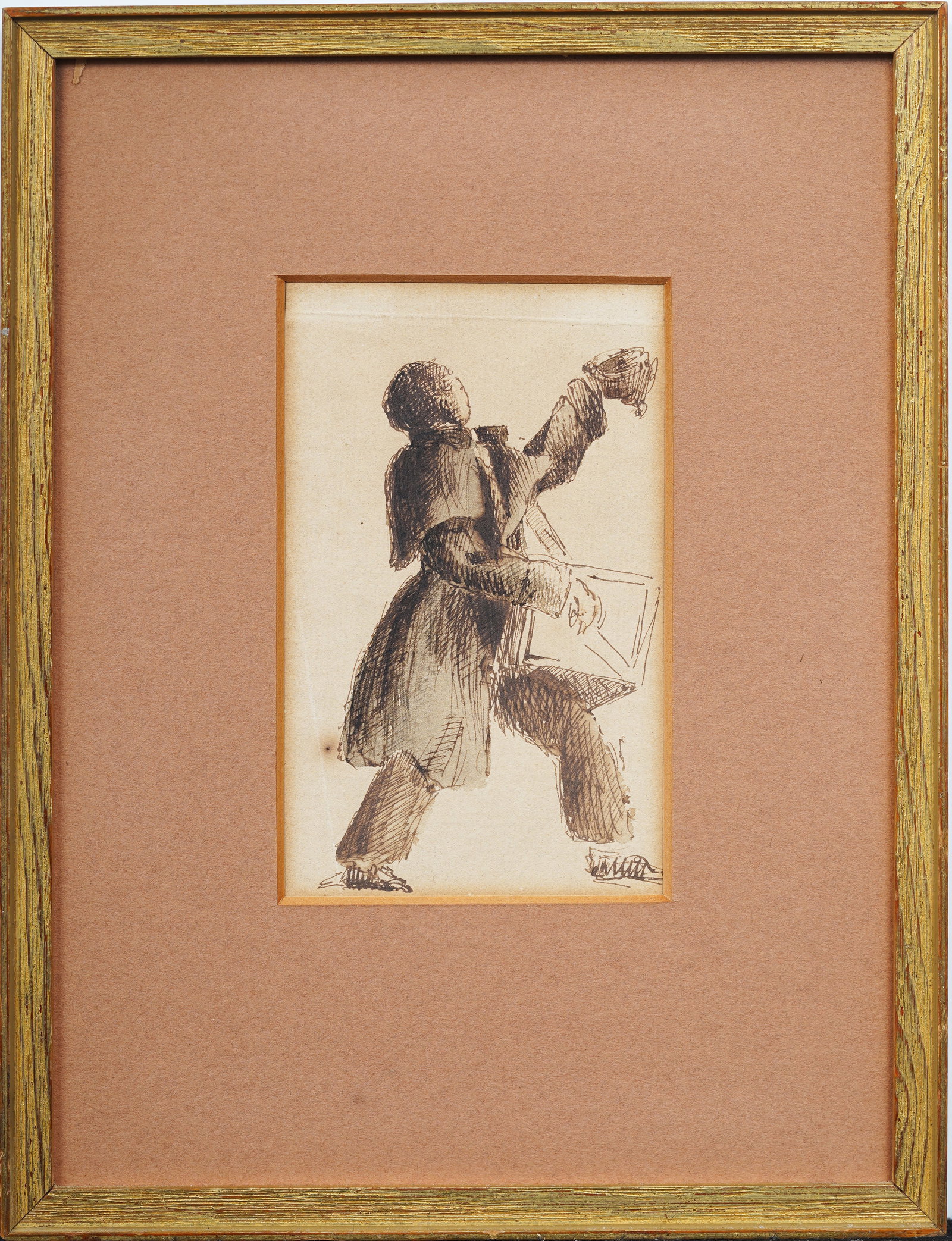 Antique American or European Pen and Ink Framed Drawing: Measuring 10 by 7 inches and 5 by 3 drawing alone. Please see all images for condition. Size is measured and written on the back of the painting. The first size is the overall size, the second size is