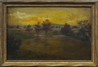 Signed American or European Sunset Landscape Oil Paintiong