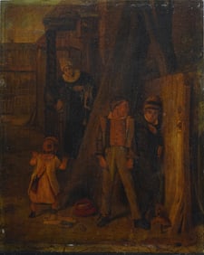 Antique European Folk Art Street Scene Oil Painting