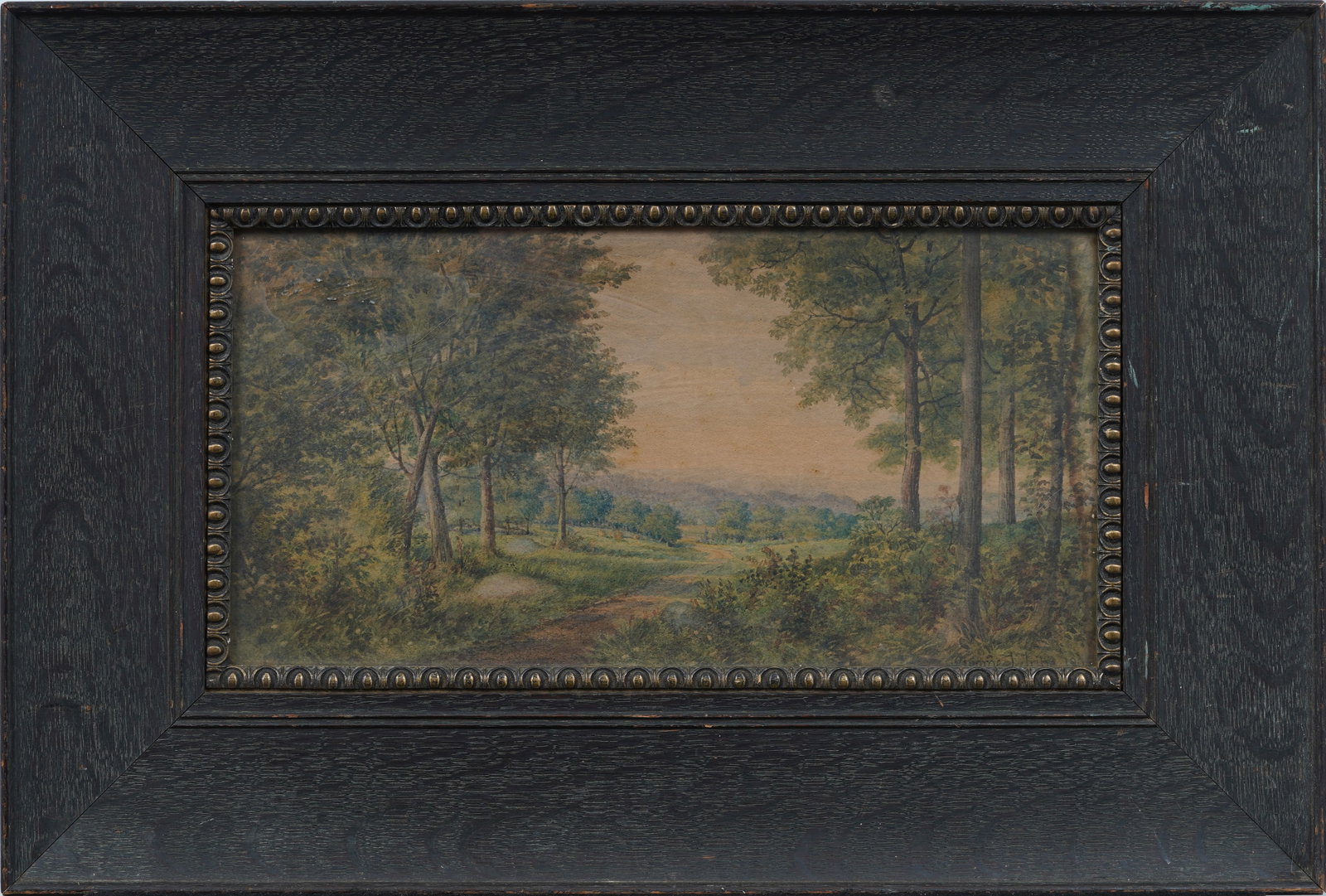 Antique American or European Signed and Framed Landscape Painting: Antique American or European landscape painting. Mixed media on paper. Signed. Framed. Measuring 13 by 19 inches and 8 by 14 painting alone. Please see all images for condition. Size is measured and w
