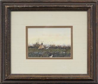 Antique American Western Native American Camp Landscape Painting Attributed to J.H. Sharp
