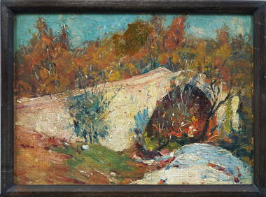 Antique American Impressionist Winter Bridge Framed Landscape Oil Painting (1 of 7)