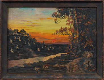 Antique American Sunset Landscape Framed Monogrammed Oil Painting