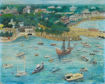 Antique American Folk Art Seascape Signed Nautical New England Oil Painting