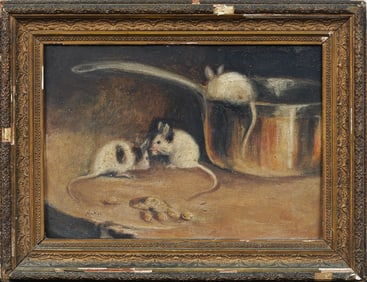 Antique American Folk Art "Mice in the Kitchen" Signed Framed Oil Painting