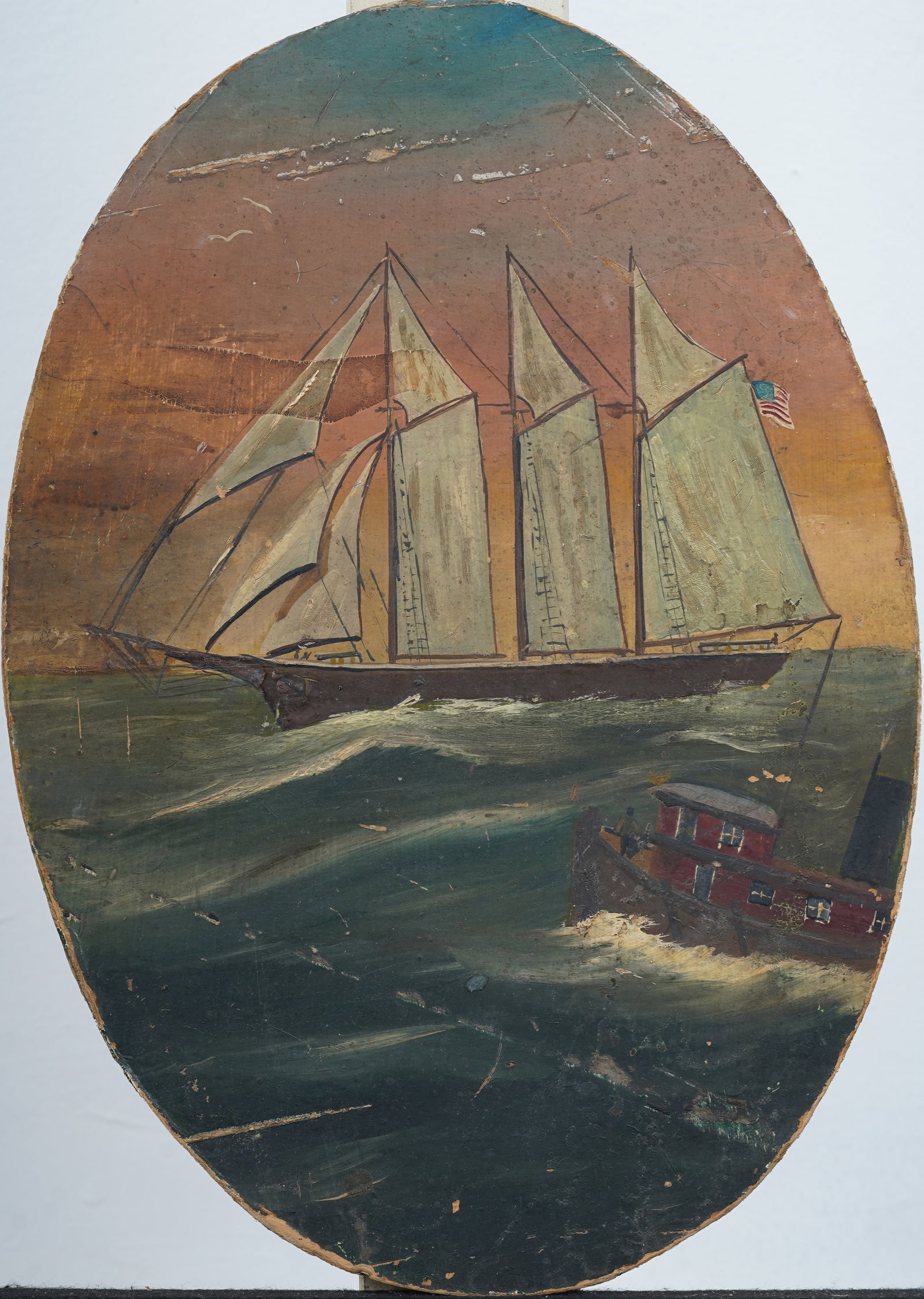 Antique American Folk Art Seascape Painting: Antique American folk art seascape painting. Measuring 19.5 by 13.75 inches. Please see all images for condition. Size is measured and written on the back of the painting. The first size is the overal