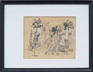 Bele Bachem (1916 - 2005) Antique German Expressionist Nude Women Fitting Room Portrait Drawing