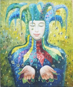 Vintage American or European Jester Portrait Oil Painting