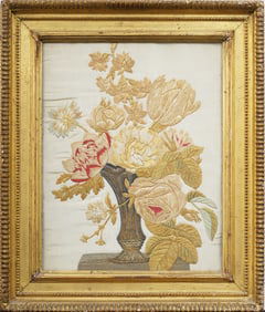 Antique Fine Embroidered Flower Still Life Giltwood Framed Artwork