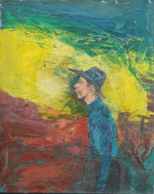 Vintage Modernist Cowboy Portrait Oil Painting