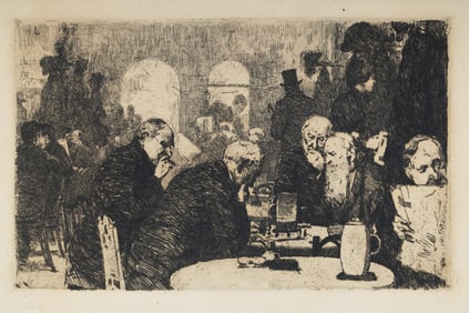 Antique Ashcan School Interior View Cafe Scene Etching