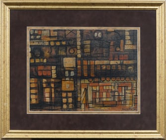 Signed Vintage American School Mid Century Abstract Architectural Framed Painting