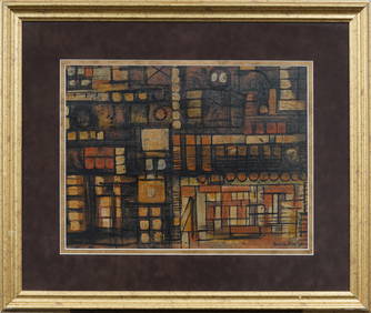 Signed Vintage American School Mid Century Abstract Architectural Framed Painting (1 of 7)