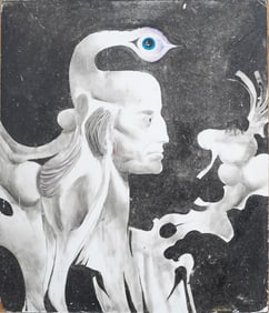 Antique American or European Surrealist Abstract Figural Amorphous Animal Painting