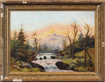Antique American School Sunset Landscape Waterfall with Deer Grazing Framed Oil Painting (1 of 5)