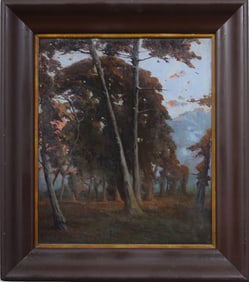 Antique American California Woodland Sunset Landscape Signed and Framed Oil Painting