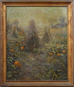 Antique American Impressionist Pumpkins and Haystacks Signed Landscape Original Oil Painting