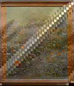 Antique American Impressionist Pumpkins and Haystacks Signed Landscape Original Oil Painting (1 of 6)