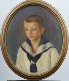 Antique American School Signed Young Boy Navy Sailor Portrait Framed  Original Oil Painting