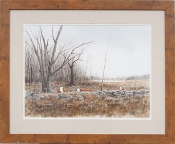 Antique American New England Fall Cow Grazing Signed Realist Framed Painting