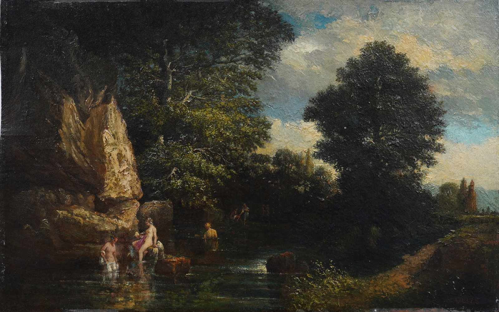 Antique European French Barbizon Early Nude Bather Landscape Oil Painting on Panel: Antique European oil painting. Oil on panel. Measuring 17 by 27.5 inches and by painting alone. Please see all images for condition. Size is measured and written on the back of the painting. The first