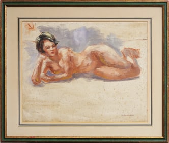 Signed  "H. Burkhardt" Antique American Impressionist Lounging Nude Woman Original Painting