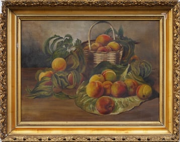 Antique American School Signed Folk Art Peach Still Life Framed Original Oil Painting