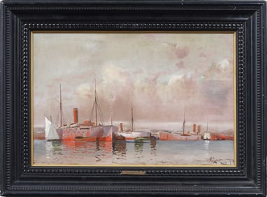 Antique European Impressionist Seascape Signed Nicely Framed Ship Harbor Oil Painting
