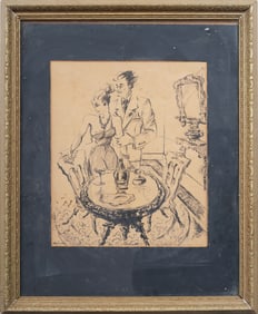Finely Executed American or European Modernist Interior Scene Signed Portrait Framed Drawing