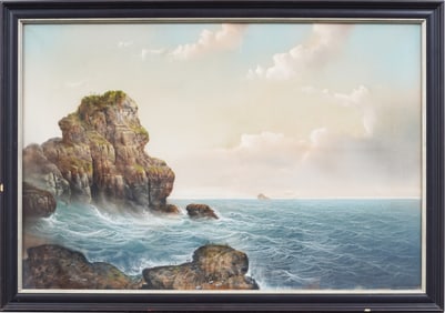 Antique American Realist Coastal Seascape Framed Pastel Painting