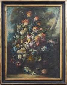 Antique European Old Master Flower Still Life Framed Oil Painting