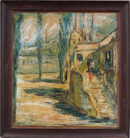 Antique European Modernist Cityscape Signed Framed Oil Painting