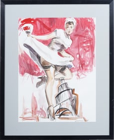 Vintage Signed Italian Leaning Tower of Pisa Nude Woman Pin Up Portrait Framed Painting