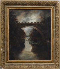 Antique American or European School Nocturnal Bridge Landscape Oil Painting