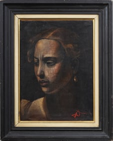 Contemporary American or European Modernist Woman Portrait Signed Framed Oil Painting