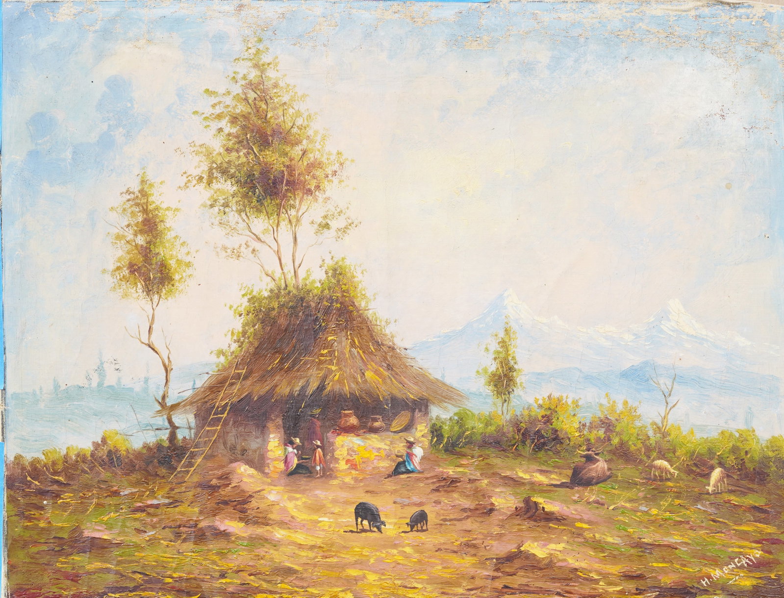 Hector Moncayo (1895 - 1984) Vintage Ecuadorian Impressionist Landscape Oil Painting: Antique American oil painting. Oil on canvas. Signed. Framed. Measuring 17 by 23 inches. Please see all images for condition. Size is measured and written on the back of the painting. The first size i