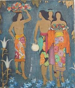 Antique American School Modernist Nude Women Flower Gathering Signed Oil Painting