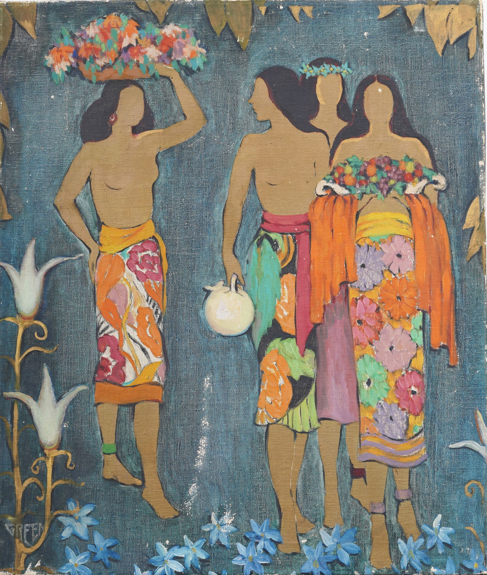 Antique American School Modernist Nude Women Flower Gathering Signed Oil Painting: Antique American oil painting. Oil on canvas. Signed. Measuring 28 by 24 inches. Please see all images for condition. Size is measured and written on the back of the painting. The first size is the ov