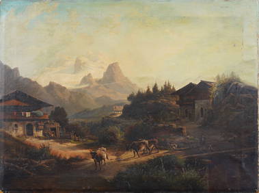 Large 19th Century European German or Swiss Mountain Landscape Oil Painting (1 of 8)